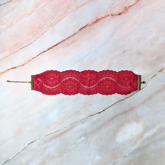 Fantasy Fairycore Red Wide Lace Collar Choker Necklace with Adjustable Clasp - Picture 1 of 4